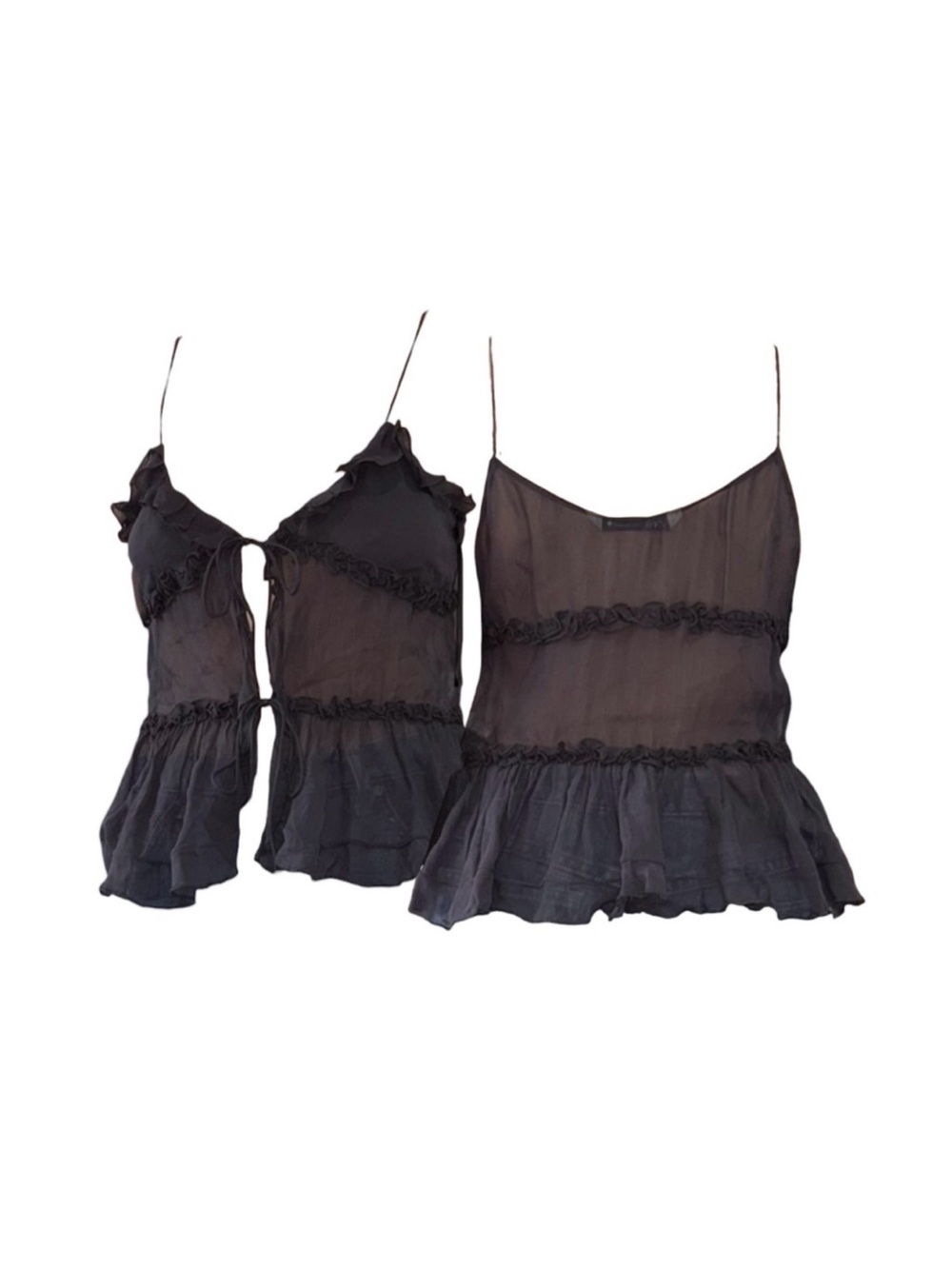 Zara Gray Sheer Ruffle Spaghetti Strap Top
